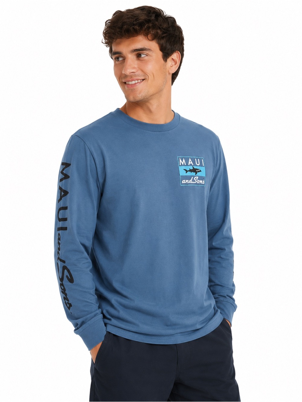 Maui and Sons Crewneck Long Sleeve Shark Tee S Blue